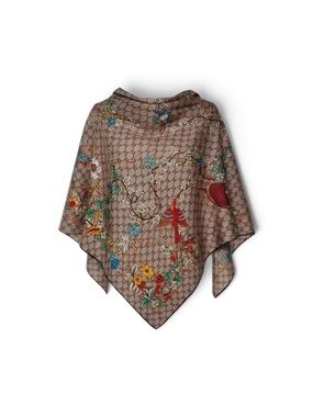 Floral Bird Print Brown Silk & Cashmere Scarf Wrap